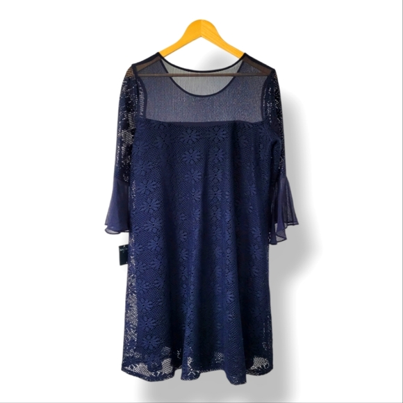 Gabby Skye Bell Sleeve Lace Navy Midi Lined Sheer Shift Dress, 12 - Picture 5 of 7